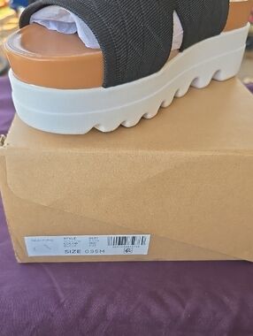 Platform Slide Sandals in Black with Tan Footbed